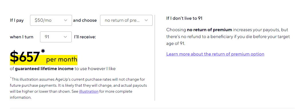 screenshot of woman paying $50 a month and receiving $657 per month starting at age 91 without return of premium option