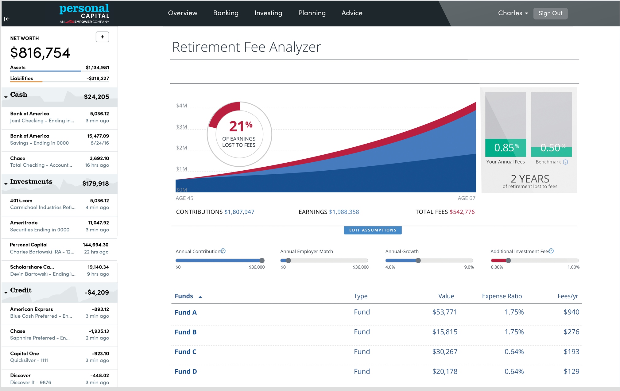 Screenshot of Personal Capital's retirement fee analyzer