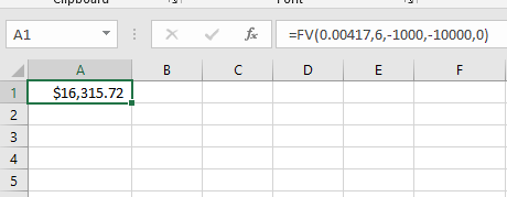 screenshot of excel showing the results of the future value formula