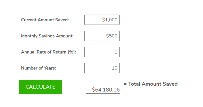 simple savings calculator example of saving for 10 years