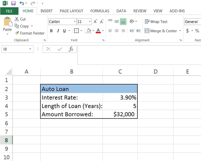 Excel Monthly Car Payment Calculator Example Step 1