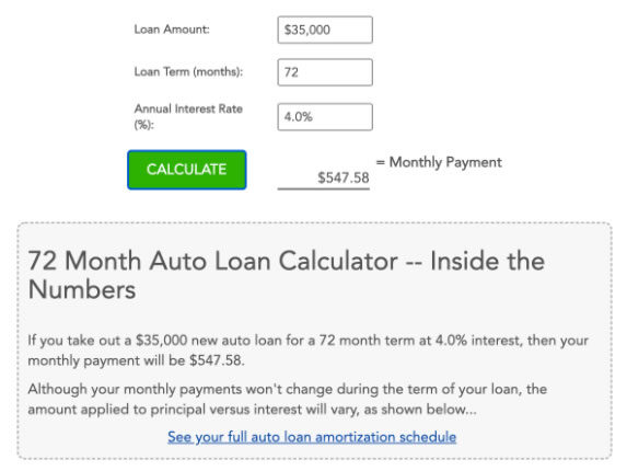 72 Month Auto Loan Calculator | InvestingAnswers