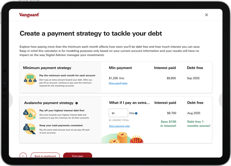 screenshot of Vanguard digital advisor debt calculator